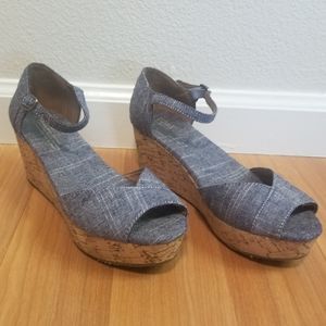 Tom's blue chambray cork wedges